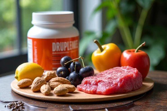 Mesa con suplementos deportivos y alimentos saludables