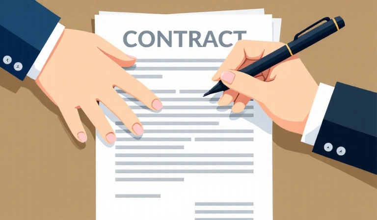 Ilustración de un contrato o documento legal con un bolígrafo y manos firmando, simbolizando la aceptación de términos.